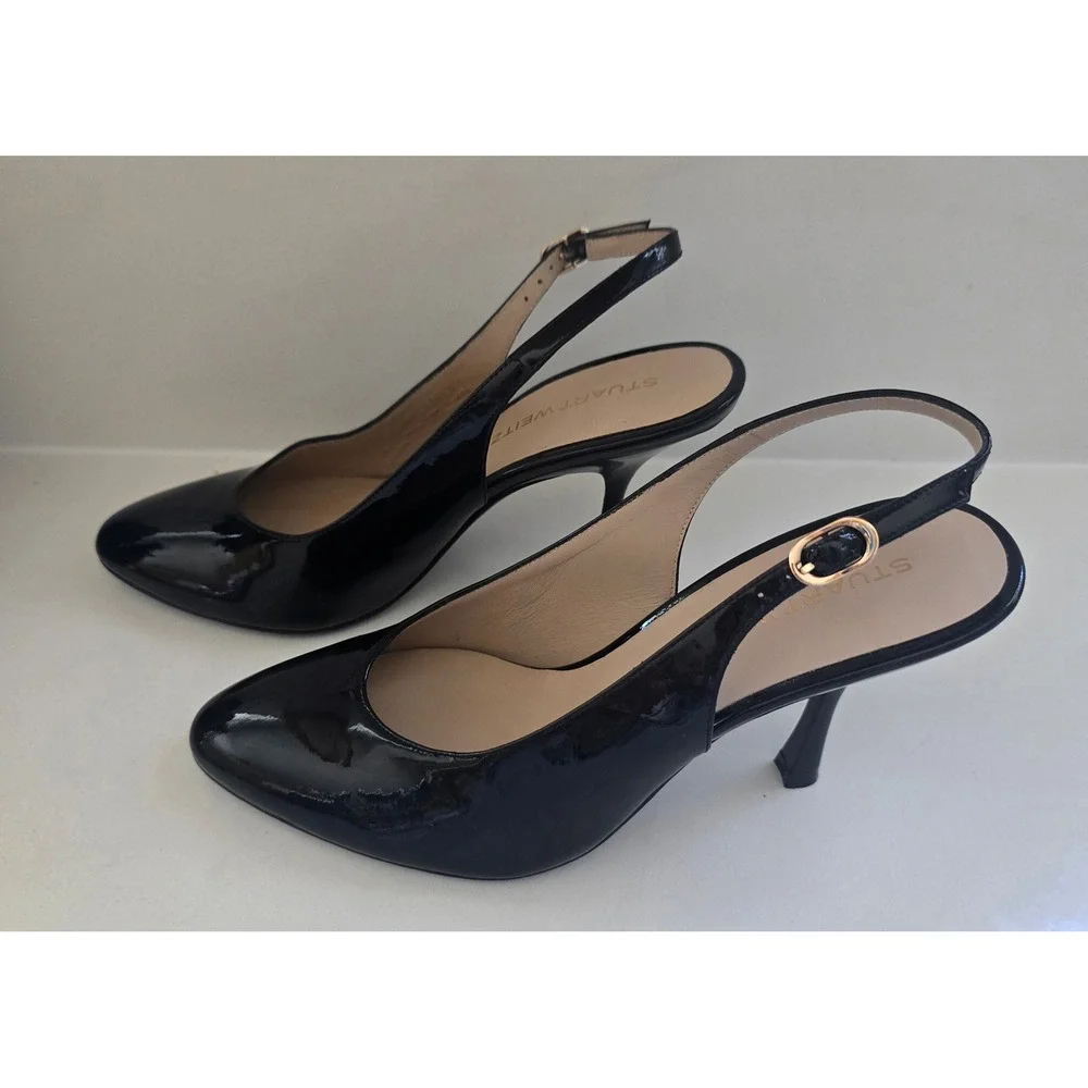 NWOB Stuart Weitzman Black Patent Leather Slingback Pumps  Made‎ in Spain 6.5B